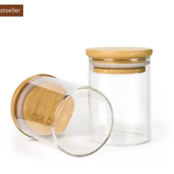 Set of 12 Bamboo Lid Glass Spice Jars NEW
